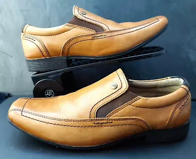 Front Mens Shoes Tan Leather Slip On Formal Dress Work Wear Square Toe UK 7 • £14.99