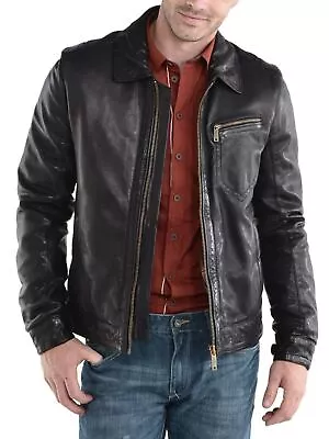 New Leather Jacket Mens Biker Motorcycle Real Leather Coat Slim Fit Black #1115 • $118