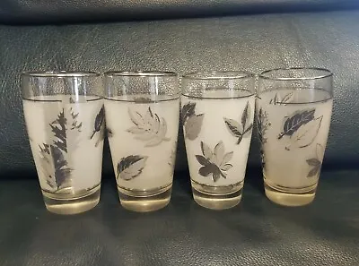 Vintage MCM Libbey Silver Leaf Frosted 4 Water Glasses Foliage 12 Oz Beverage • $13.59