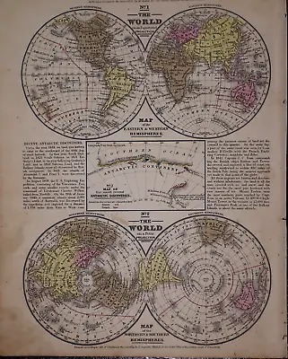 Old 1849 Authentic Mitchell Atlas Map ~ HEMISPHERES Of The WORLD ~ Free S&H • $20.68