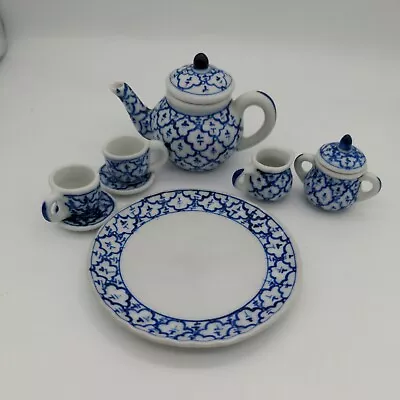 Vintage 10 Piece Miniature Tea Set For Two Blue & White Design Excellent! • $26.99