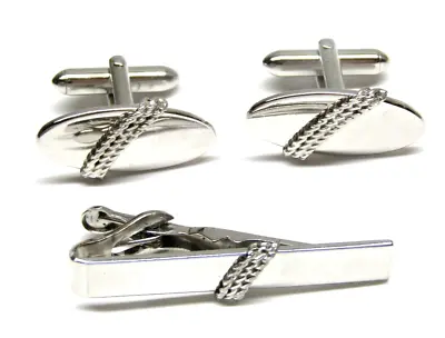 Swank Cufflinks Tie Clip Set Chain Rope Silver Oval Vintage Men Formal Wear • $14.95