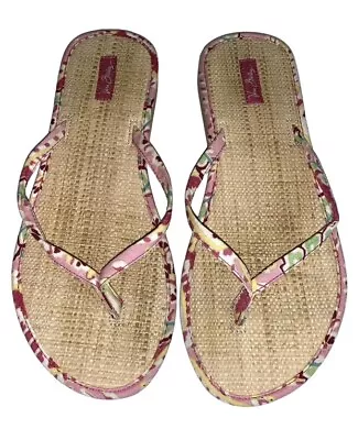 Vera Bradley Womens Large Botanical Floral Bamboo Flip Flops T-Strap Sandals EUC • $15