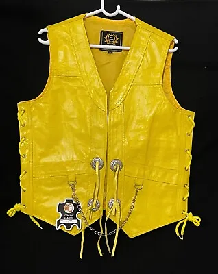 Men's Yellow Leather Fringed Concho Chain Vest Motorcycle Biker Vest S To 5XL • $99.39