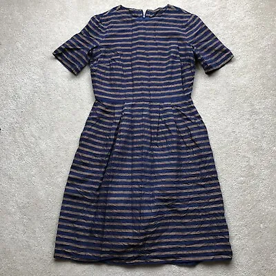 Toast Size 8 Striped Cotton Midi Dress Navy Blue Gold • £65