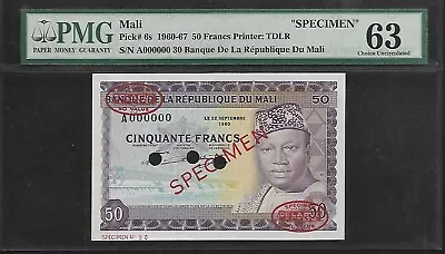 Mali Specimen 50 Francs 1960-67 PMG 63 UNC P#6s Printer TDLR • $423