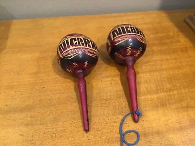 Estate  2 VTG Nicaragua Hand Carved & Painted Wooden Red Maracas 10” Souvenir  • $11.99