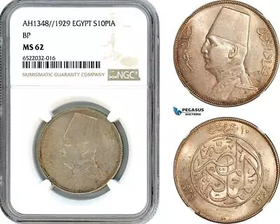 AI056 Egypt Fuad 10 Piastres AH1348 // 1929 BP Budapest Silver NGC MS62 • $319