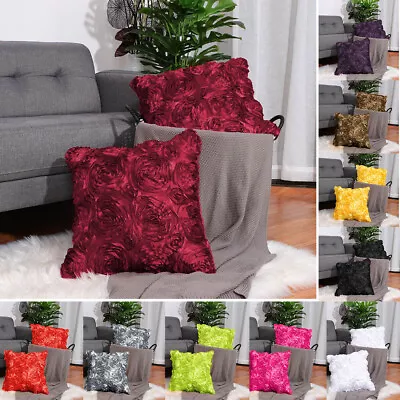 Square Satin 3D Rose Flower Throw Pillow Cover Sofa Car Pillow Cushion Cases • $15.60