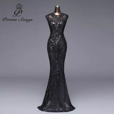 Elegant Long Black Sequin Evening Dress Robe Longue Prom Gown Formal Party Dress • $79.38