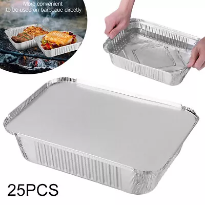 25pcs BBQ Meat Trays Foil Tin W/Lids Home BBQ Party Food Fruit Dishes Tray Set • £11.39