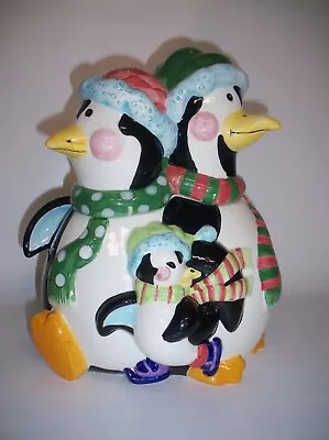 Vintage Mercuries Penguin Family Ceramic Cookie Jar Winter Holiday Christmas • $41.40