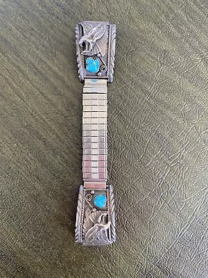 Vintage Eagle Navajo Men's Stretch Band Watch Tip Sterling Silver Turquoise  • $75