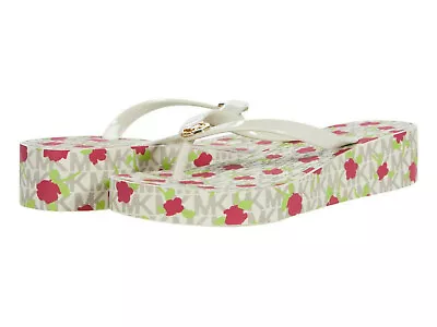 Michael Kors NEW Bedford MK White Floral Wedge Flip Flops Thong Red Green • $59.99