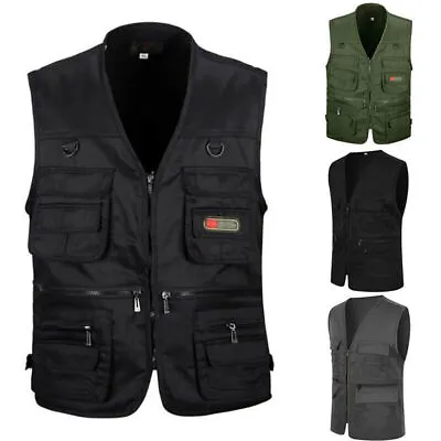 Mens Multi Pocket Utility Cargo Vest Fishing Hiking Camping Gilet Waistcoat Tops • £17.59