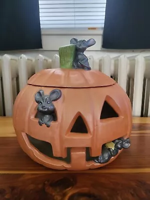Vintage Halloween Ceramic Pumpkin Jack O Lantern w/Mice & Hole For Lights • $30