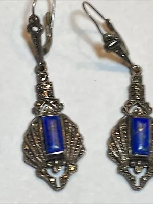 Antique Art Deco Cabochon Baguettes Lapis Lazuli Sterling Marcasite Earrings • $118.75