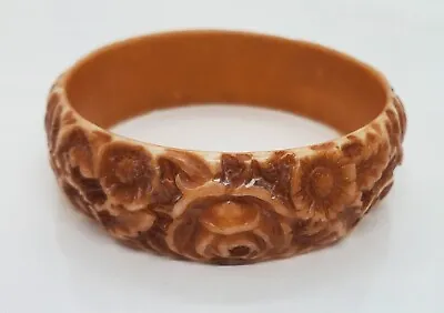 Vintage Brown Heavily Carved Lucite Plastic Bangle Bracelet Floral Design • $8.49