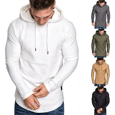 Mens Muscle Hoodie Slim Fit Long Sleeve T-shirts Sports Gym Hooded Pullover Tops • $15.16