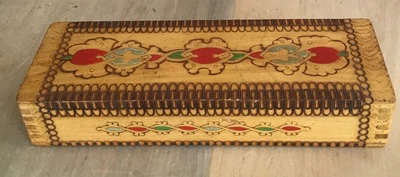 £6.99 • Buy Vintage 1970s Hand Painted Wooden Pencil Box Pyrographed