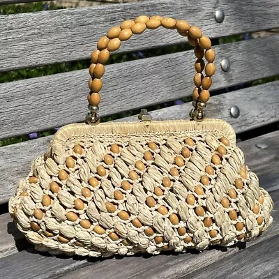 Vtg 50’s Barbara Lee Made In Italy Beige Raffia & Wooden Bead Mod Hand Bag Purse • $45
