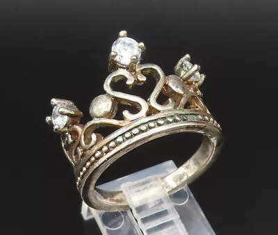 925 Silver - Vintage Cubic Zirconia Scroll Royal Crown Ring Sz 9 - RG25587 • $38.18