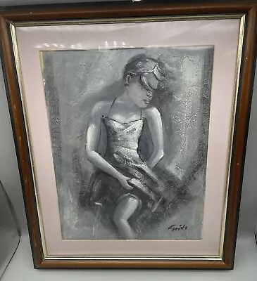 Framed Oil? Painting Picture Girl Dancer Holding Dress Signed Grey White Black • £20