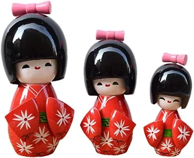 Japanese Wooden Kokeshi Dolls - Set Of 3 - Red - New • £15
