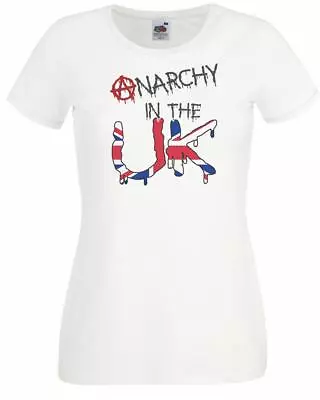 Ladies White Anarchy In The UK Union Jack Punk Rebellion T-Shirt • £12.95