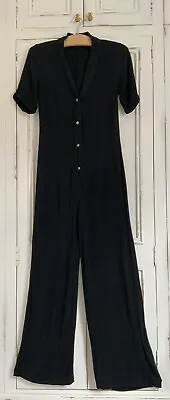 Missguided Black Button Thru Wide Leg Jumpsuit Size 10 V Neck Short Sleeves Vgc • £3.99