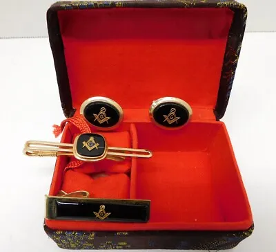 Vintage Masonic Freemason Cufflinks And 2 Tie Clips Tacks Black Gold Tone • $27.50