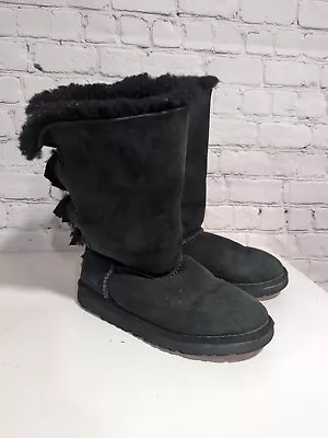 UGG Bailey Bow Triplet Triple Tall Boots Black Suede Size US 3 Youth = Women 5 • $35