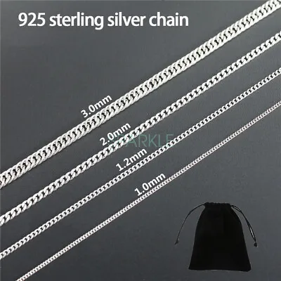 $51.69 • Buy 1.0-3.0MM Real 925 Sterling Silver Curb Chain Necklace All Inches Stamped Italy