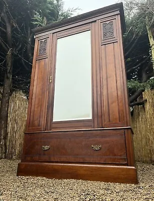 Antique Edwardian Carved Mahogany Art Nouveau Mirrored Double Wardrobe Armoire # • £340