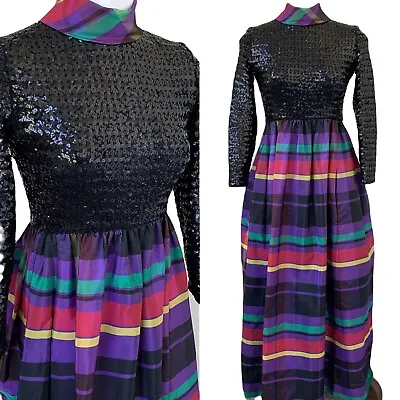 1960s Malcolm Starr Evening Hostess Dress Sequin Taffeta Maxi Long Plaid Vintage • $299