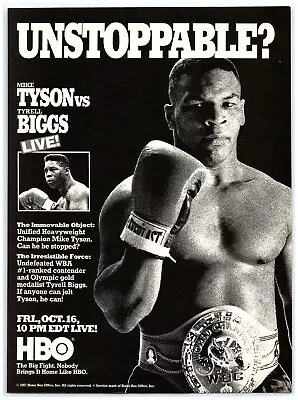 1987 HBO Boxing Print Ad Mike Tyson Vs Tyrell Biggs Unstoppable? WBC Belt Glove • $11.50