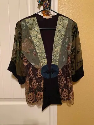 Spencer Alexis Vintage Kimono Jacket Mixed Media Black Lace Silk Blend Sz S • $39.99