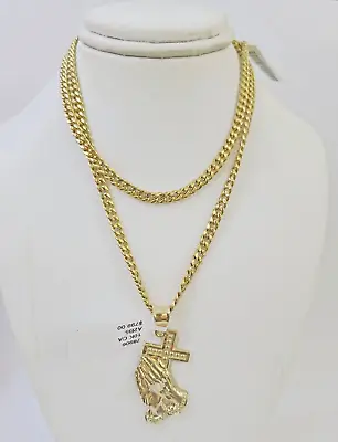 10k Yellow Gold Miami Cuban Chain & Praying Hands Cross Charm SET 3mm 22 Inches • $670.65