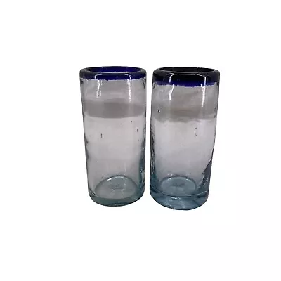 Mexican Glass Hand Blown Cobalt Blue Rim 14 Oz Tall Iced Tea Glasses Set Of 2 • $18.99