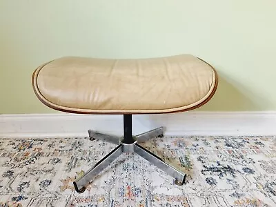 Vintage Eames Style Footstool Beige Soft Leather Wood & Chrome Mid Century Seat • £79.99