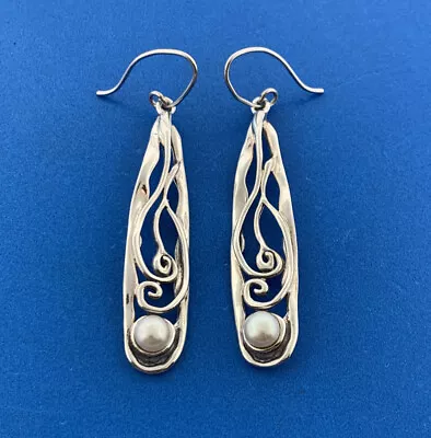 Hagit Gorali HG Israel 925 Sterling Silver Pearl Modernist Dangle Drop Earrings • $115