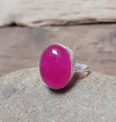 925 Sterling Silver Oval Pink Jade Gemstone Jewelry Ring Handmade Ethnic Ring • $9.99