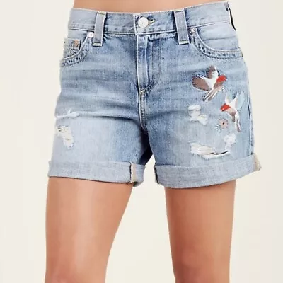 EUC$159 26 True Religion Jayde Bird Embroidered Light Wash Raw Hem Bermuda Short • $74.95