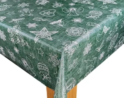 Festive Green Linen Look Christmas PVC Vinyl Wipe Clean Oilcloth Tablecloth • £10.99