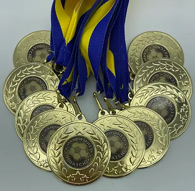 10 X Man Of The Match Medals With Yellow & Blue Ribbons Gold Football Medal • £14.50