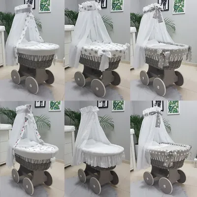 £145 • Buy Grey Wicker Moses Basket + Chassis + Big Wheels + Bedding + Drape 8 Colours