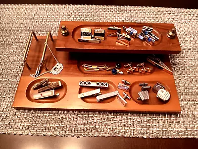 Vintage Wooden Men's Dresser Valet Jewelry Tray With Tie Bars & Cuff Links • $37.99