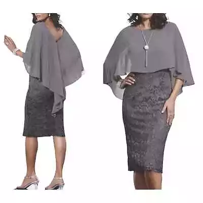  Size 12 Mauve/Taupe Lace Chiffon Midnight Velvet Cocktail Formal Cape Dress • $44.60