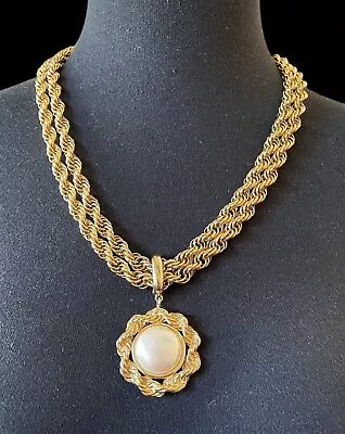 Monet Signed Gold Tone Dbl Rope Chain Pearl Cabochon Necklace Beautiful Classic • $49.99