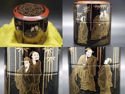 Japan Lacquer Wooden Tea Caddy Men-Nakatsugi 7 Sages Of Bamboo Grove Maki-e 408 • £193